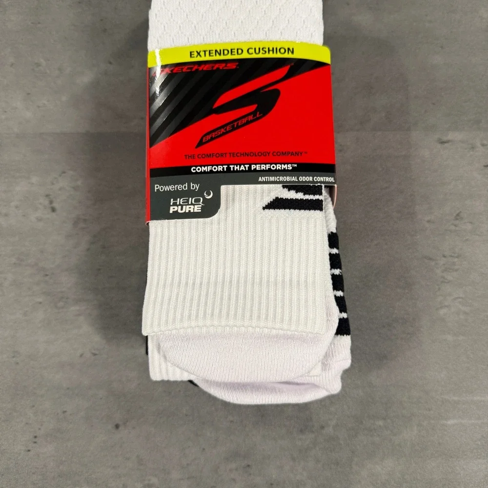 Skechers Basketball Crew Socks Mens L Z00884HBWBK White Black 2-Pack NEW